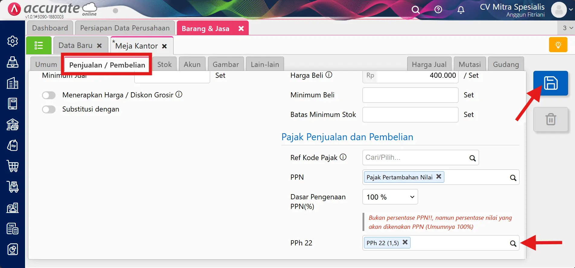 mencatat penjualan pph 22